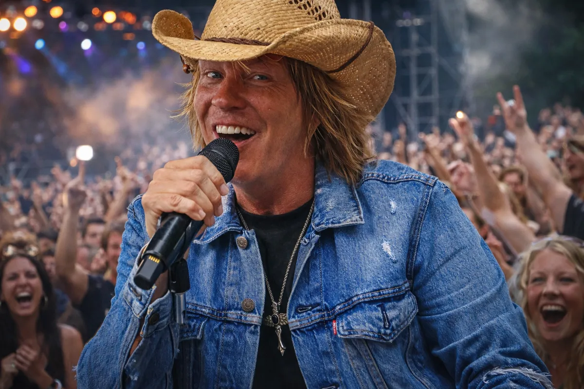 Doug Shepard in a denim jacket and cowboy hat singing surrounded by fans